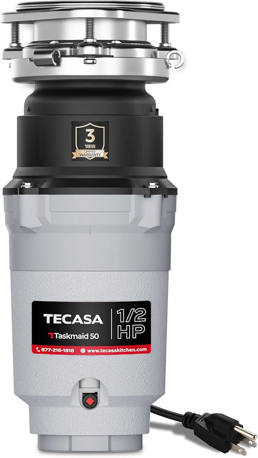 1/2 HP Garbage Disposal, Stainless Steel Food Waste Grinding System and 3-Bolt Mounting, Continuous Feed Compact Garbage Disposals, Power Cord Included, Taskmaid Series 50