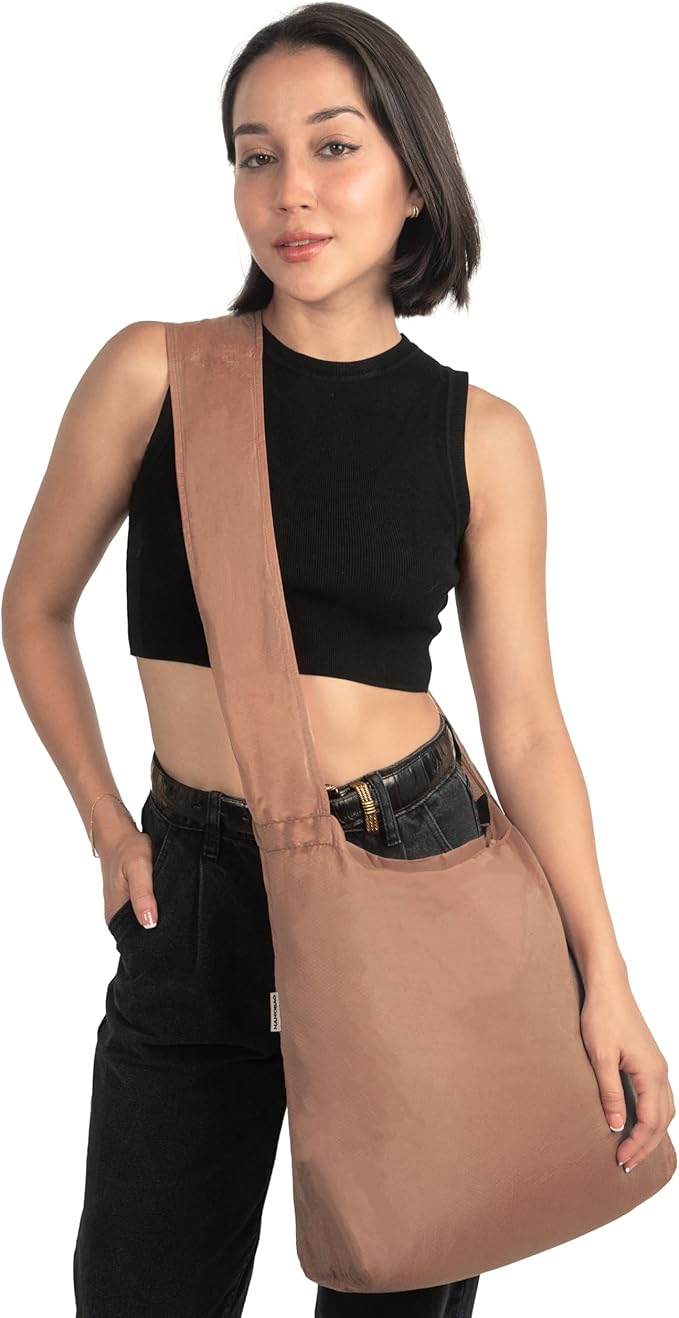 Nanobag Ultra-Lightweight Foldable Sling for Women & Men, Reusable Grocery & Travel Bag, Packable Collapsible Compact Market Crossbody (Sling Mocha)