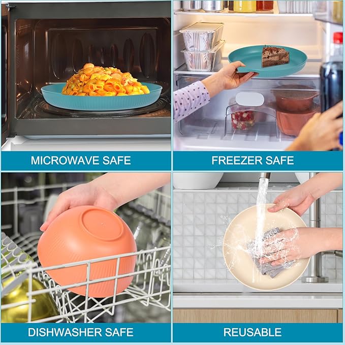 18pcs Wheat Straw Dinnerware Sets, Unbreakable dish Set Reusable Plates, Bowls, and Cups Set dishes Dishwasher Microwave Safe for Kitchen Outdoor Travel Camping (Light Macron)