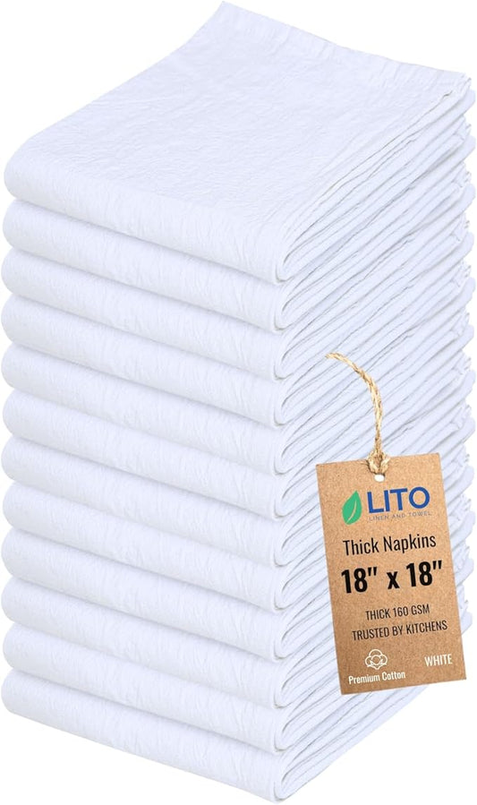 Thick Cotton Napkins – Flour Sack Napkin for Kitchen, Set of 12 (18"x18"), 100% Cotton, Highly Absorbent Hand Towels, Reusable Baking Cloths for Bread Proofing, Pastry & Tea Towels – White