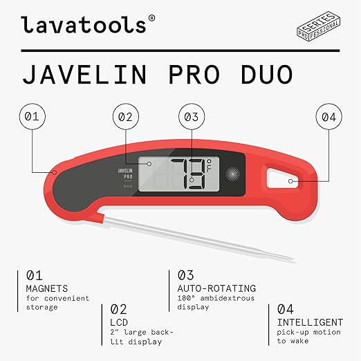 Lavatools Javelin® PRO Duo Ultra-Fast 2-Second Professional Digital Instant Read Meat Thermometer for Grill and Cooking, Auto-Rotating Backlit Display, IP65 Water Resistant – Ink