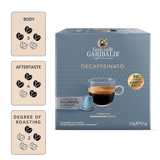 Gran Caffè Garibaldi Decaffeinated Espresso Pods, Italian Roasted Coffee, Decaf Capsules Compatible with Nespresso Original Line Machines, Nitrogen Flushed Intense & Rich Aroma - Decaffeinato (Aluminum) 200 Cups