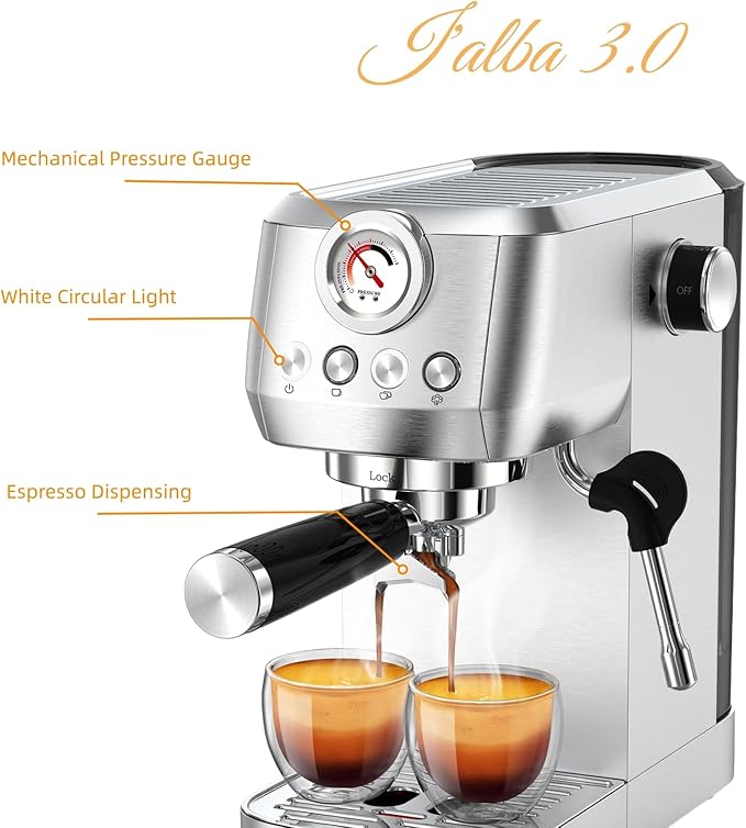 Espresso Machine 20 Bar, Espresso Coffee Maker with Professional Milk Frother Steam Wand for Cappuccino & Latte, 49oz Removable Water Tank for Home, Stainless Steel