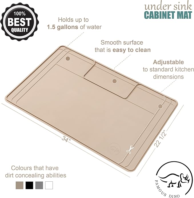 The Original Under Sink Mat - Silicone Waterproof mat, Adjustable, Easy to Clean, Kitchen Cabinet Liner, Disifenction Surface - 31" x 22" or Smaller (Beige, 31" x 22")
