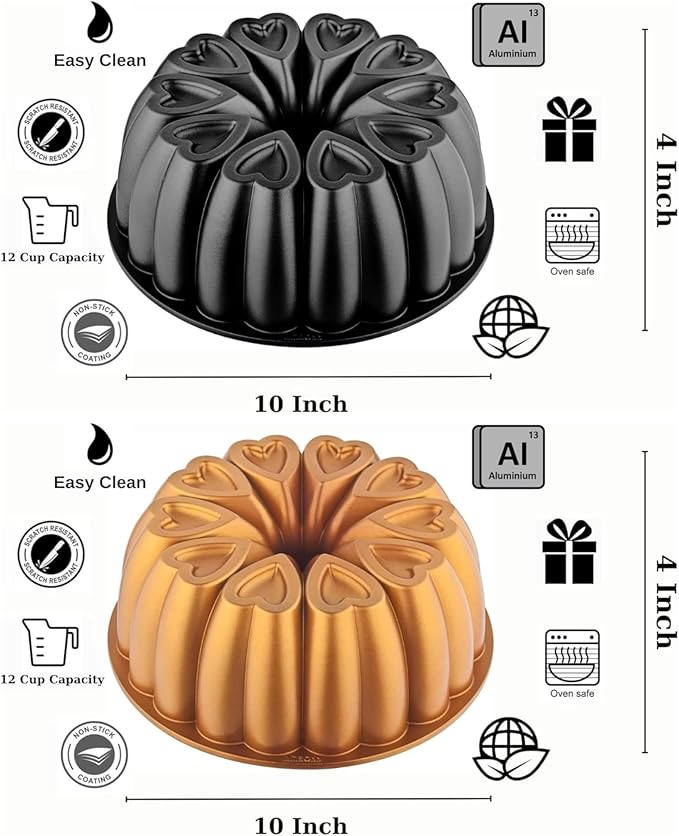 Heart Shape Aluminum Cake Pan, Titanium Coating, Non-Stick, 12 Cups, Gifts for Mom, 10 Inch Baking Mold, Cast Aluminum Fluted Tube Pan, Easy to Clean (2-Pack, Black-Gold)