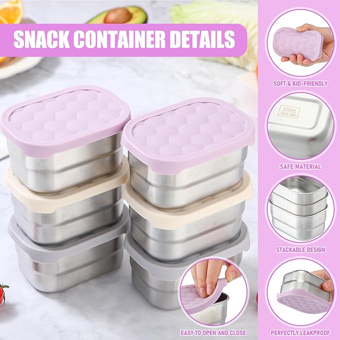 Layhit 6 Pcs Stainless Steel Snack Containers for Kids, 8 oz Lunch Containers with Silicone Lids Small Reusable Metal Food Box for Child Daycare School Home Storage Supplies(Stylish Color)