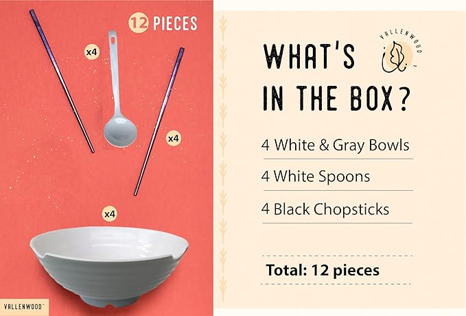 4 XL Gray White bowl set, 12 Pieces Ramen Bowls. Asian Japanese soup with Spoons and Chopsticks. Restaurant Quality Melamine, Large 52 oz for Noodles, Pho, Udon, Thai, Chinese dinnerware, 9 inch