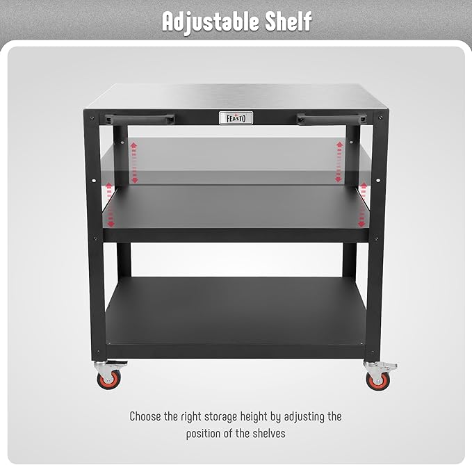 36''x 24'' Large Movable Pizza Oven Table for Outdoor, 304 Stainless Steel Grill Cart with Wheels, 3-Shelf Outdoor Kitchen Prep Table Pizza Oven Stand on Wheels for Pizza Oven& Griddle