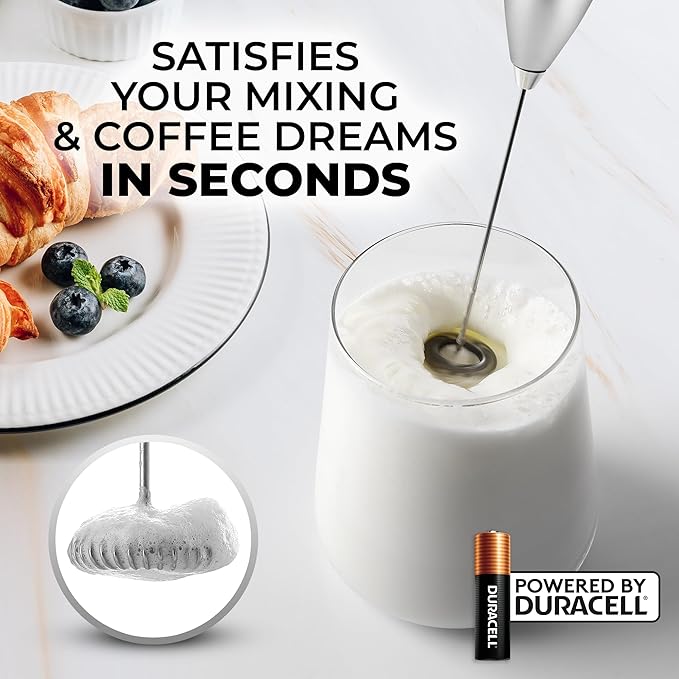 Zulay Kitchen Milk Frother Handheld Electric Whisk with AA Duracell Batteries – Durable Drink Mixer for Coffee, Lattes, Cappuccinos & More - Silver