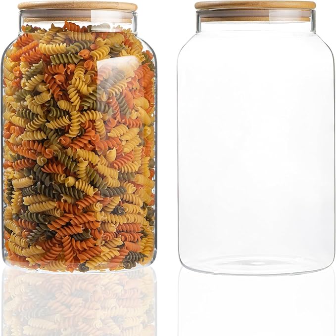 Large 1 Gallon Glass Large Jar with Airtight Bamboo Lid - High Borosilicate Canister for Kitchen Food Storage Organizing, Terrarium, Pantry Decorative Container & Laundry Room - Pack of 2