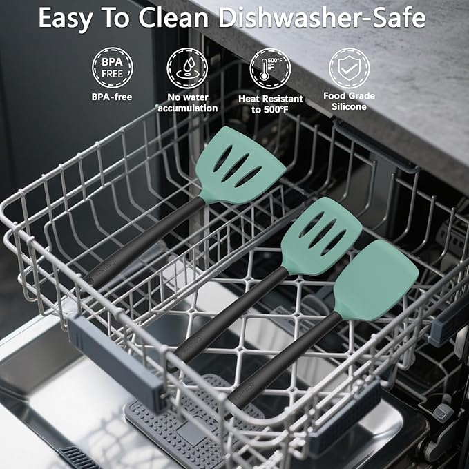 Coukre Silicone Kitchen Cooking Utensils Set with Holder – Heat-Resistant, Food-Grade Kitchen Tools, Spatula, Spoon & Gadgets for Non-Stick Pans, Dishwasher Safe (14, AquaGreen)