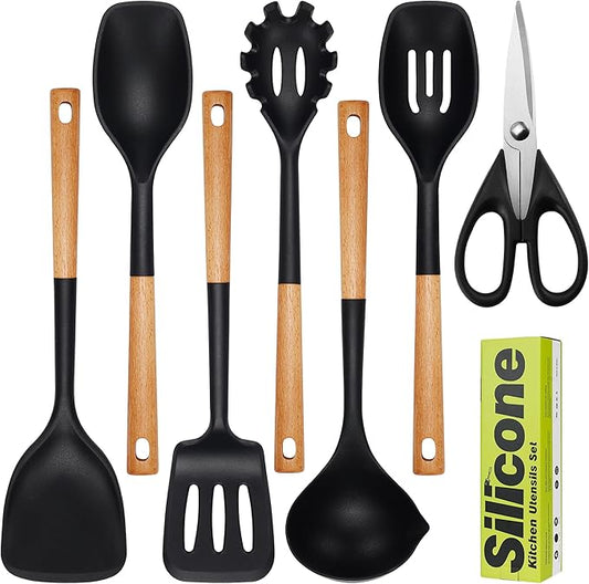 Large Silicone Cooking Utensils Set 7 Pcs, Wooden Handles Heat Resistant Spatula Set, Food Grade Silicone Kitchen Utensils Set with Holder, Gadgets BPA Free for Non-Stick Cookware