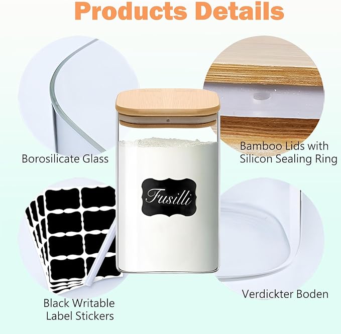 1.2 Qt Square Glass Storage Containers with Lids, glass jar with airtight lid, Glass Canister for Pantry Cookie Flour Cereal Rice Sugar Tea Coffee Beans Spice, Square Set of 4