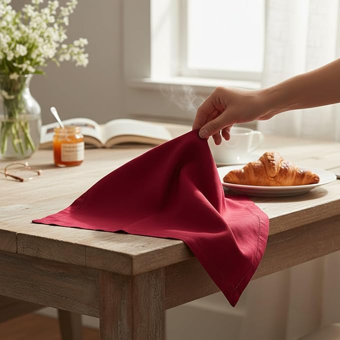 Hemstitched Linen Napkins – 20 Inch x 20 Inch – Stonewashed Pure Linen Cloth Dinner Napkins with Mitered Corners - 100% French Flax – Machine Washable - Set of 4 (Rich Red)