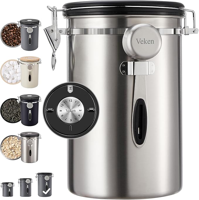 Veken Coffee Canister, 39OZ Large, Airtight Stainless Steel Food Storage Container for 2.2lbs Coffee Beans, Ground, Sugar, Tea, Flour, Cereal, Kitchen Bar Accessories with Date Tracker & Scoop, Silver
