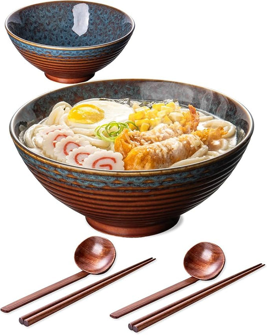 8 Inch 40oz Large Japanese Ramen Bowl Set of 2,Material Safety Ceramic Ramen Bowls with Matching Chopsticks and Spoons, Pho Bowls Ramen Noodle Bowl for Asian Udon Soup Salad Cereal(Peacock Tail)