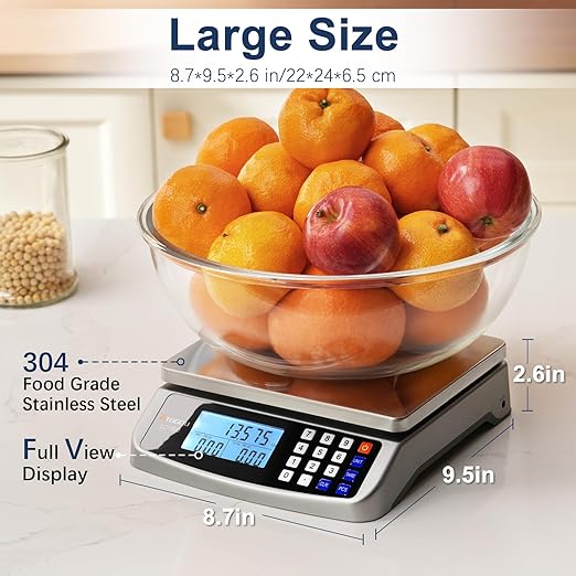 110lb Food Scale, Commercial Kitchen Scale with Price Computing, Plug-in Usable, 0.05oz/1g, 304 Stainless Steel, for Cooking, Vegetables, Farm, Industry, Counting. LC300 Grey
