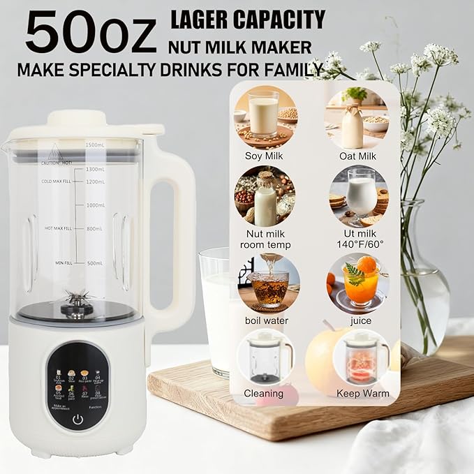 50oz Nut Milk Maker,10 in 1 Nut Milk Maker Machine with 20 Blades，Plant-Based Milk Maker for Soy，Juice, Fruit, Oat, Almond & Temp Hold, Delay Start, Boil & Auto Clean