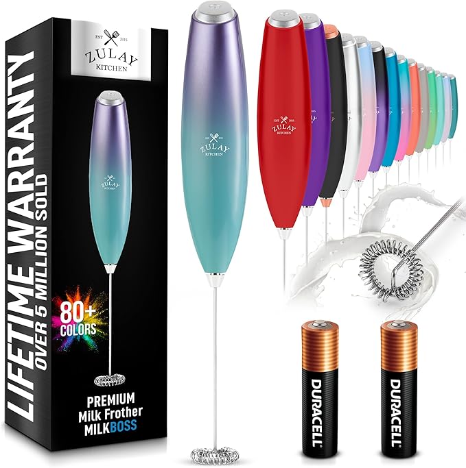 Zulay Kitchen Milk Frother Handheld Electric Whisk with AA Duracell Batteries – Durable Drink Mixer for Coffee, Lattes, Cappuccinos & More - Aurora