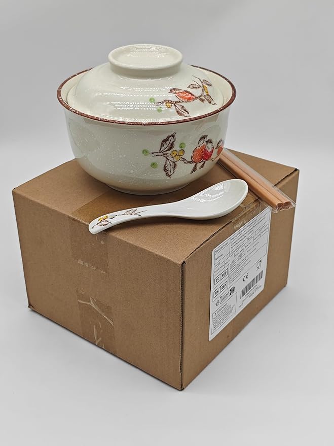 Ceramic Ramen Bowl Set, 800ml, with Lid, Spoon and Chopsticks, Japanese Vintage Large Soup Bowls Instant Noodle Bowl Asian Tableware (Bird*1)