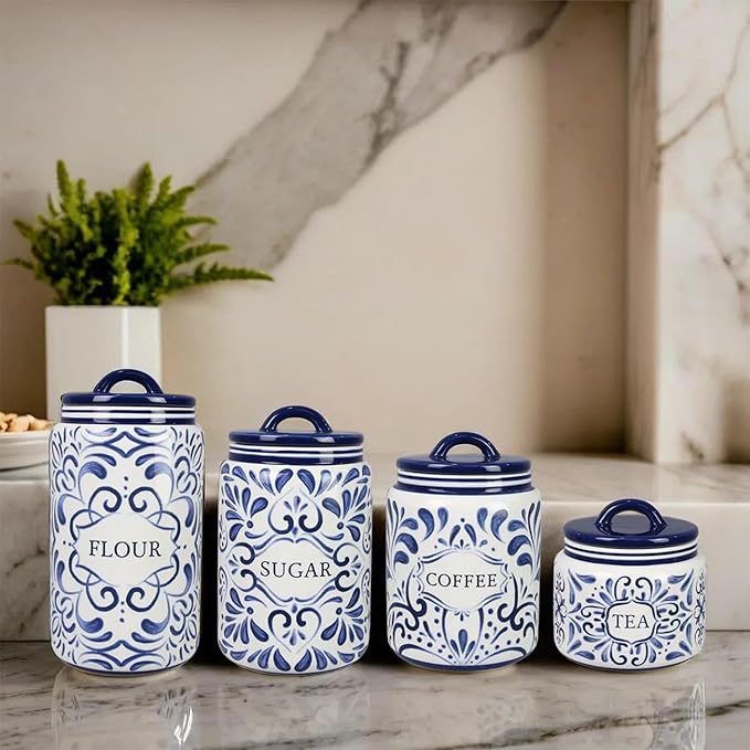 Young's Inc. 4 Pcs Set Talavera Ceramic Canisters- Storage Container for Kitchen and Bathroom - Beautiful Home Decor Accent to Store Food, Coffee, Tea, and More - White, Blue
