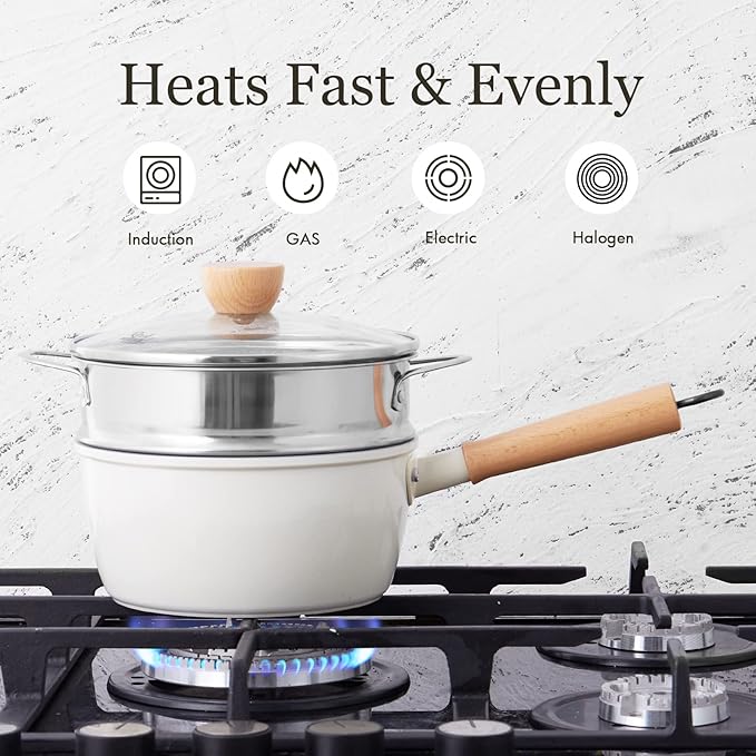 ROCKURWOK Ceramic Nonstick Sauce Pan with Lid, 2 Quart Cooking Pot, Small Saucepan with Steamer, PTFE & PFAS-Free, Wooden Handle for Cool Touch, Universal Base(Gas, Electric & Induction), White