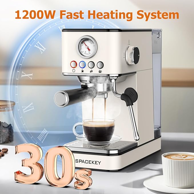 Spacekey Espresso Machine 20 Bar, Espresso Maker with Milk Frother Steam Wand, Stainless Steel Espresso Coffee Machines for Home, Cappuccino, Latte Maker with 58oz Removable Water Tank, White