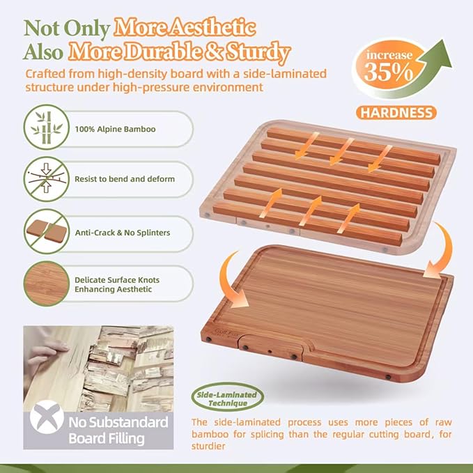 4-PCS Bamboo Cutting Board Set, Wood Cutting Board for Kitchen with Innovative Stand, Juice Groove & Handle, Double Sided for Chopping & Charcuterie Board, Kitchen Gift for Home Cooks, For Meat &Fruit