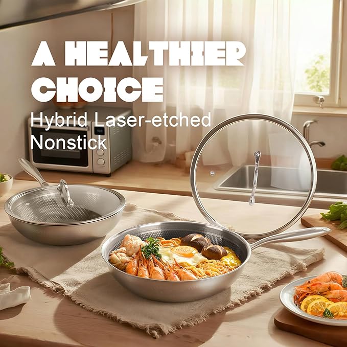 Hybrid Non Stick Wok, 13 inch Frying Pans Nonstick, Stainless Steel woks, PFOA Free Cookware, Dishwasher and Oven Safe, Induction Compatible