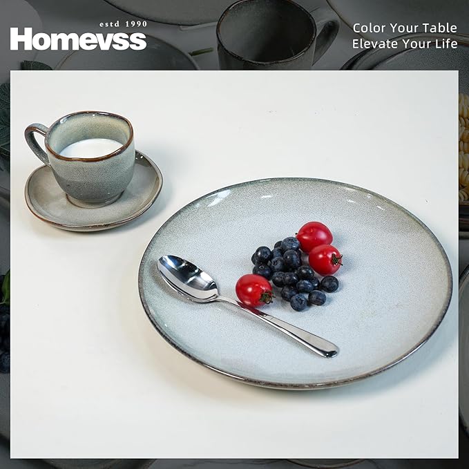 Highland 16pc Dinnerware Set, Unique Organic Shape Double Bowl, Stoneware Plate & Bowl Dish Set Service For 4, Scratch Resistant, Microwave & Dishwasher Safe, Natural Reactive Glaze, Grey