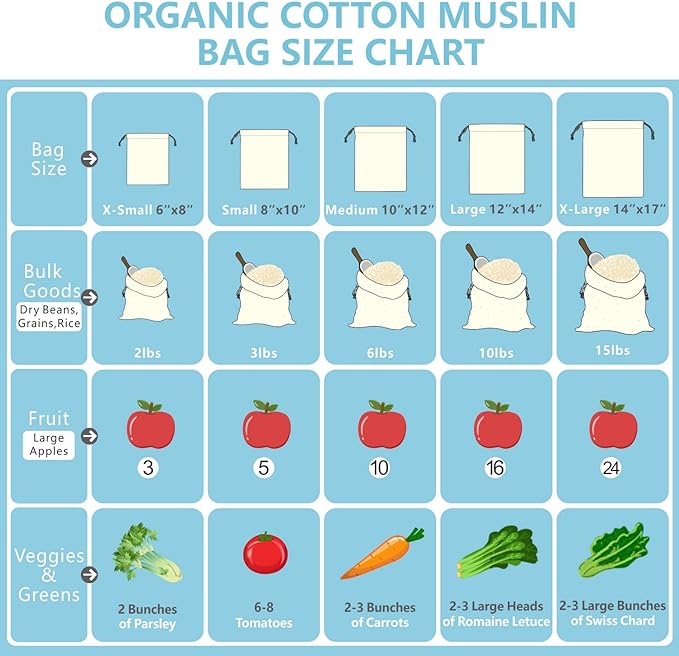 TOPDesign 12-Pack 6” x 8” Reusable Produce Bags, Muslin Bags with Drawstrings for Shopping & Storage, 100% Natural Cotton Bags, Washable, Biodegradable, Food Safe