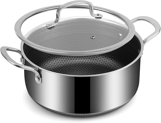Tri-Ply Stainless Steel Stock Pot, 5 Quart Pot with Lid - Non Stick Pots -Induction Ready, Cooking Pots with Lids, Cool Handles, Dishwasher (Stainless Steel, 5.2QT)