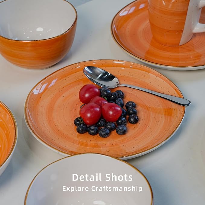 Highland 16-Piece Dinnerware Set Service for 4, Organic Shape Stoneware Plates and Bowls Set, Scratch Resistant, Microwave and Dishwasher Safe, Speckled Effect Handcrafted, Swirl Orange