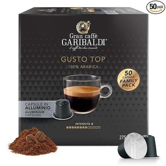 Gran Caffè Garibaldi Espresso Pods, Italian Roasted Compatible Nespresso Original Line Machines, 100% Arabica Blend, Brazilian & Central American Beans, Cocoa Aroma - Gusto Top (Aluminum) 50 Cups