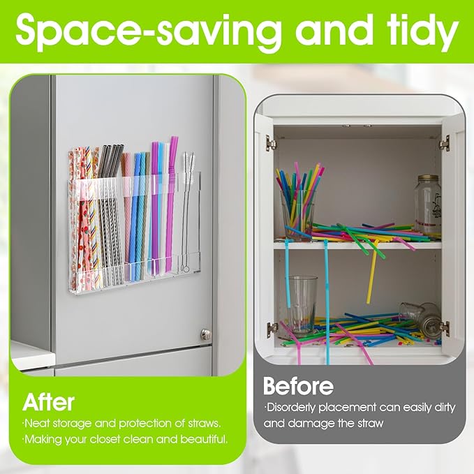 2 Pack Straw Holder for Cabinet, Acrylic Straw Organizer Cabinet Door Straw Holder with Double Sided Adhesive Tape and Stickers Straw Rack for Counter Cabinet Cupboard Kitchen (Clear)