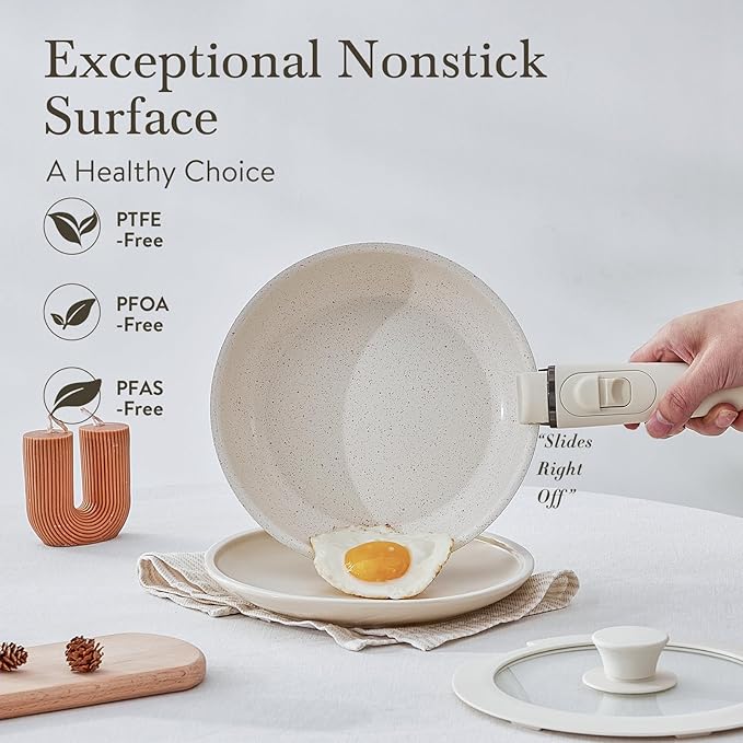 Pots and Pans Set Healthy Non toxic Non Stick Ceramic Cookware Set 21 Pcs Detachable Handles, Oven Safe, Induction Dishwasher, Stackable Frying Pan (PFOS, PFOA Free),Cream White