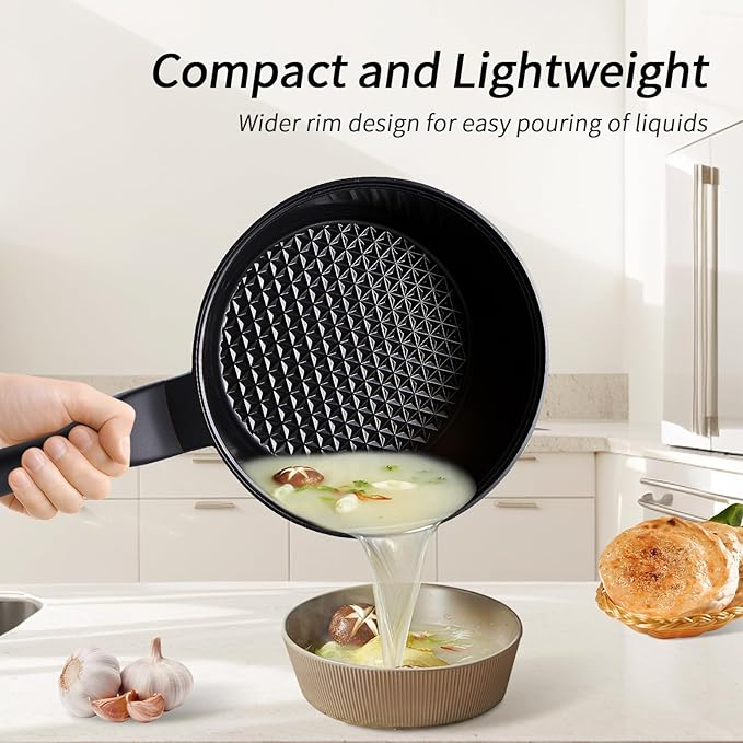 Nonstick Saucepan with Lid，2.4 Quart Ceramic Glaze Coated Small Pot, Anti-Detachment Design of The Handle “Design of The Heat Exchange Space at The Bottom of The Pan” PFOA PFOS Free