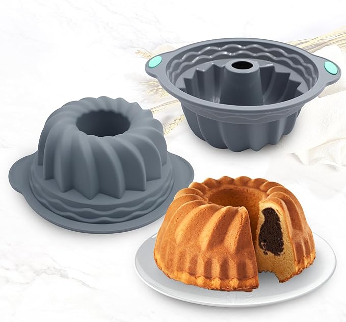 Tongjude 4 Pieces Silicone Fluted Tube Cake Pans, 10 Cups Tube Baking Pan, Jello Mold, Silicone Molds for Homemade Cake, Bread and Jello, Non-Stick, Grey