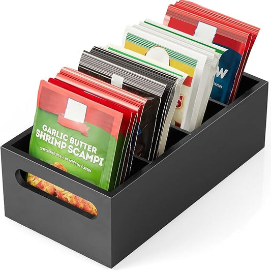 DRASTAR Pantry Organization and Storage Bins, Seasoning Packet Organizer with Removable Dividers,Wooden Storage Caddy for Kitchen, Pantry, Cabinet, Countertop, Black