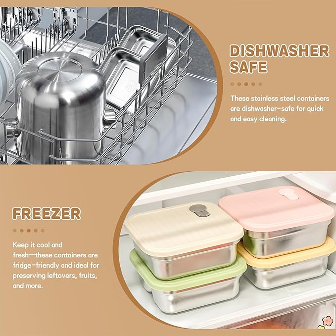 4 Pack Sandwich Containers, 20oz Stainless Steel Sandwich Box with Lids, Reusable Metal Meal Prep Lunch Boxes, BPA-Free, Dishwasher Safe, Food Storage Containers for Snacks & Fruits