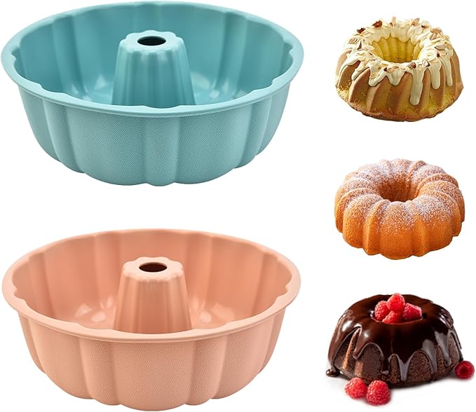2 Pack Silicone Bundt Cake Pan Nonstick,10 Inch, Silicone Cake Molds,Pound Cake Pan, Baking Pan for Jello,Gelatin,Cake,Brownie and Bread（Pink+Blue）