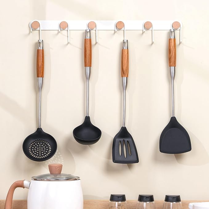 FJNATINH Silicone Spatula,Turner,Ladle,Skimmer Tool Set,Stainless Steel Non Stick Heat-Resistant Cooking Utensils BPA Free Kitchen Utensils Cookware Wooden Handle,4 Pieces