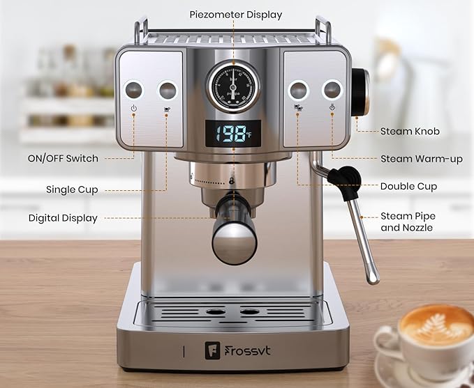 Espresso Machine 20 Bar, Milk Frother Steam Wand, 60oz (1.8 Liters) Water Tank, 1350W for Home Barista Espresso Latte Macchiato and Cappuccino Maker