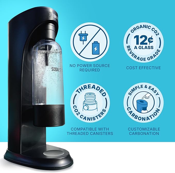 Soda Sense SENSEation Sparkling Water Maker Bundle, Includes Machine, 2 Threaded CO2 Canisters & Re-usable Carbonation Bottle