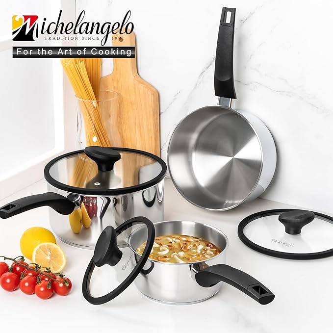 MICHELANGELO Stainless Steel Saucepan with Lid 1QT & 2QT & 3QT, Triply Stainless Steel Saucepans with Bakelite Handle, Premium Nonstick Sauce Pot Set for Kitchen Cooking, Induction Compatible