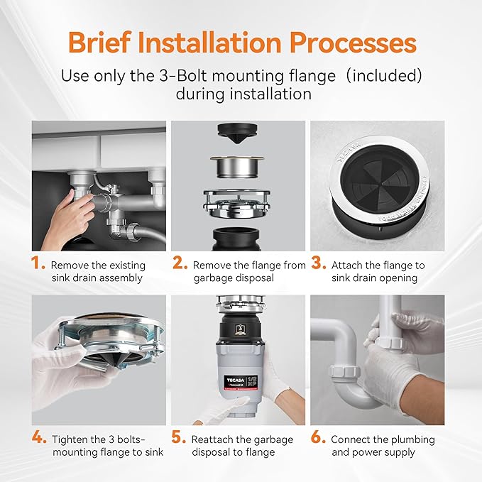 1/2 HP Garbage Disposal, Stainless Steel Food Waste Grinding System and 3-Bolt Mounting, Continuous Feed Compact Garbage Disposals, Power Cord Included, Taskmaid Series 50