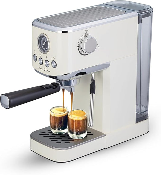 Epsilon Coffee Machine with Milk Frother, Compact 20-Bar Espresso Maker, Hot and Iced Coffee Maker with Removable Water Tank, Cold Brew Feature, and Steam Wand, 1.2L Capacity - Stainless Steel