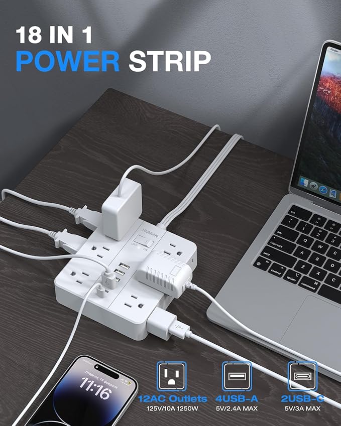 Power Strip with USB Ports, HUNIAN 5Ft Flat Plug Extension Cord Surge Protector, 12 Widely Outlet Extender with 6 USB Charger (2 USB C Ports), Desk Charging Station for Home, Office Supplies