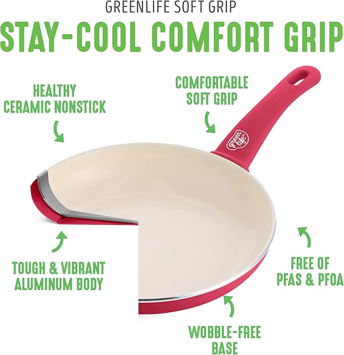 GreenLife Soft Grip 1QT and 2QT Saucepan Set, Healthy Ceramic Nonstick, Non Toxic PFAS & PFOA-Free, Dishwasher Safe, Glass Lids, Stay-Cool Handles, Easy Clean Cookware, Kitchen Essentials, Red
