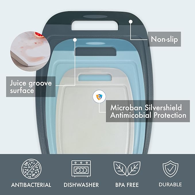 Neoflam Microban Antimicrobial Plastic Cutting Board 3 Sets, BPA Free, Non-Slip EZ Grip Handle, Dishwasher Safe, Reversible Use, Large Juice Grooves, Blue Gray